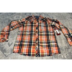 New ROAR Shirt Youth Boy Sz XL 18-20 Orange Plaid Pocket Embroidered Button Down